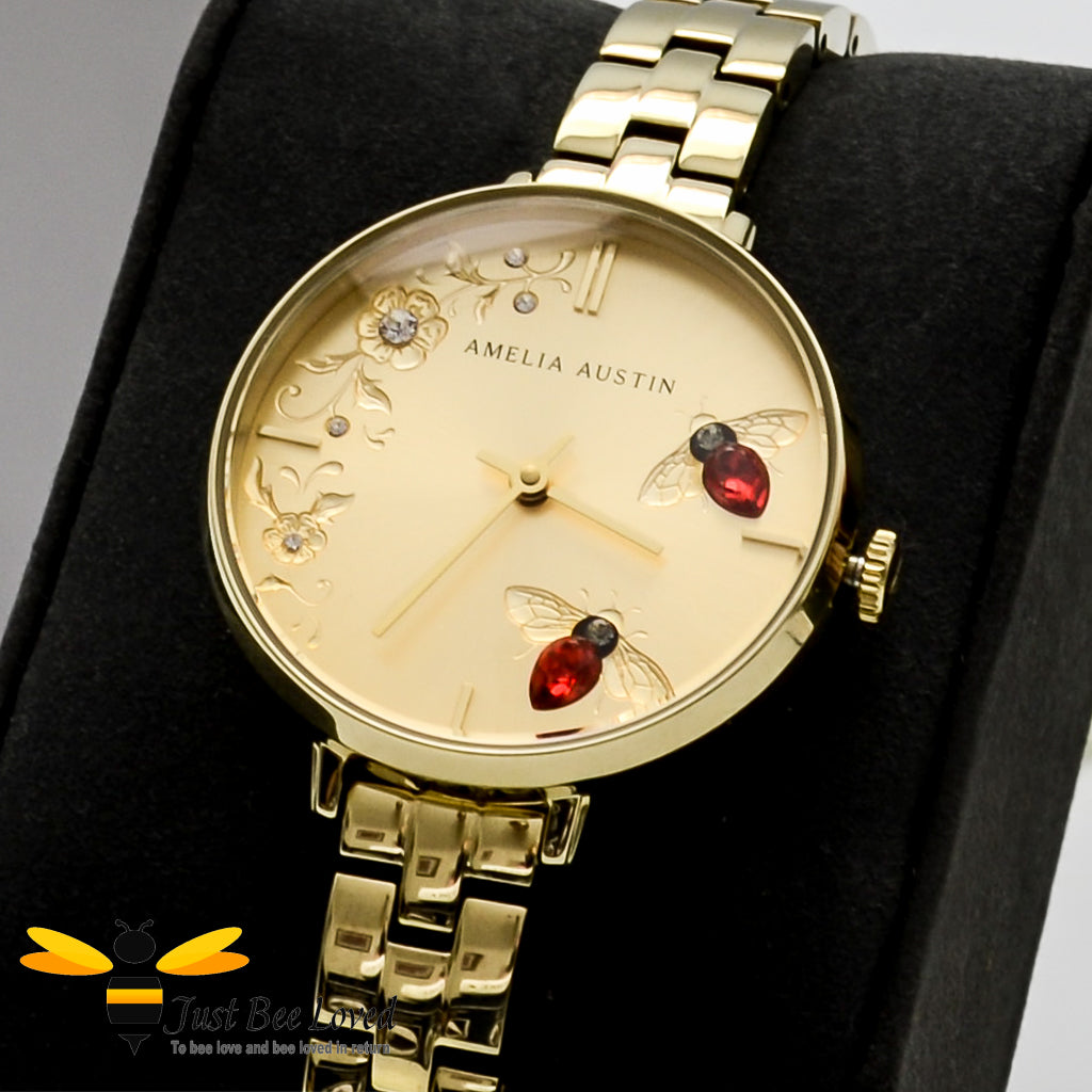 Amelia Austin Gold Stainless Steel Bracelet Red Crystal Bee Watch