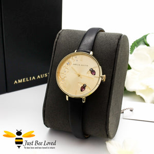 Amelia Austin black leather gold dial watch with purple Swarovski crystal bees
