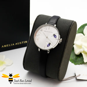 Amelia Austin black leather silver dial watch with blue Swarovski crystal bees