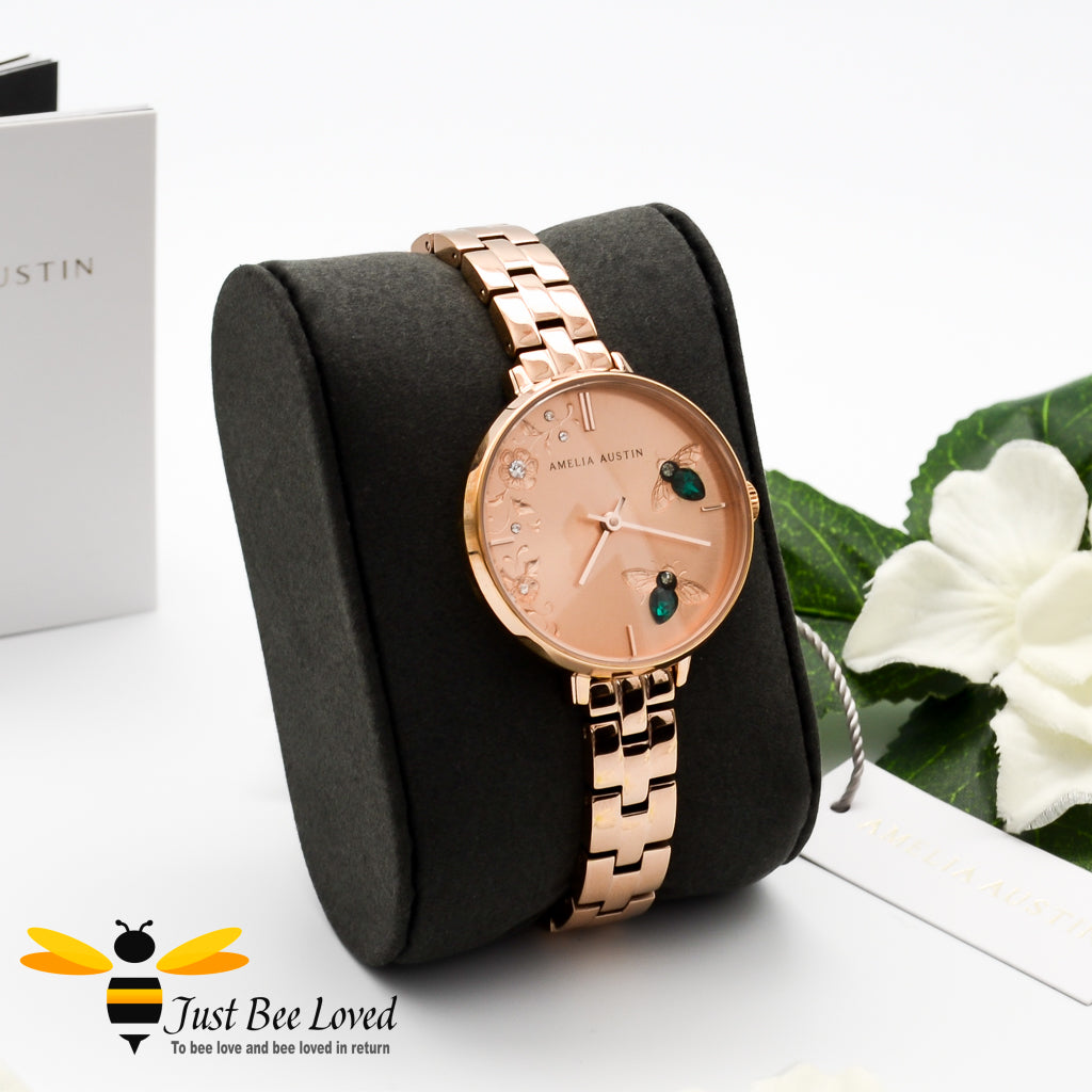 Amelia Austin Rose Gold Stainless Steel Bracelet watch inlaid with Swarovski Green Crystal Bee