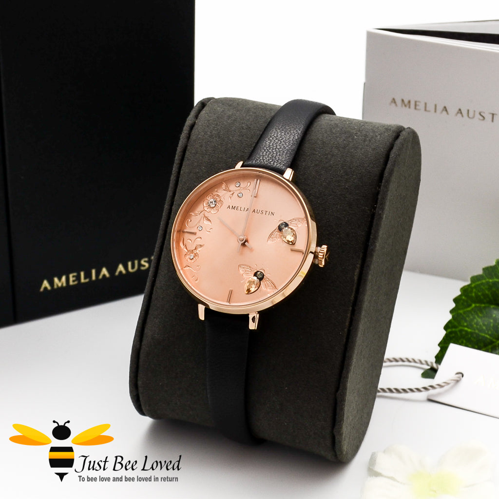 Amelia Austin black leather rose gold dial watch with champagne Swarovski crystal bees