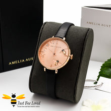 Load image into Gallery viewer, Amelia Austin black leather rose gold dial watch with champagne Swarovski crystal bees