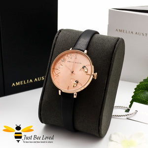 Amelia Austin black leather rose gold dial watch with champagne Swarovski crystal bees