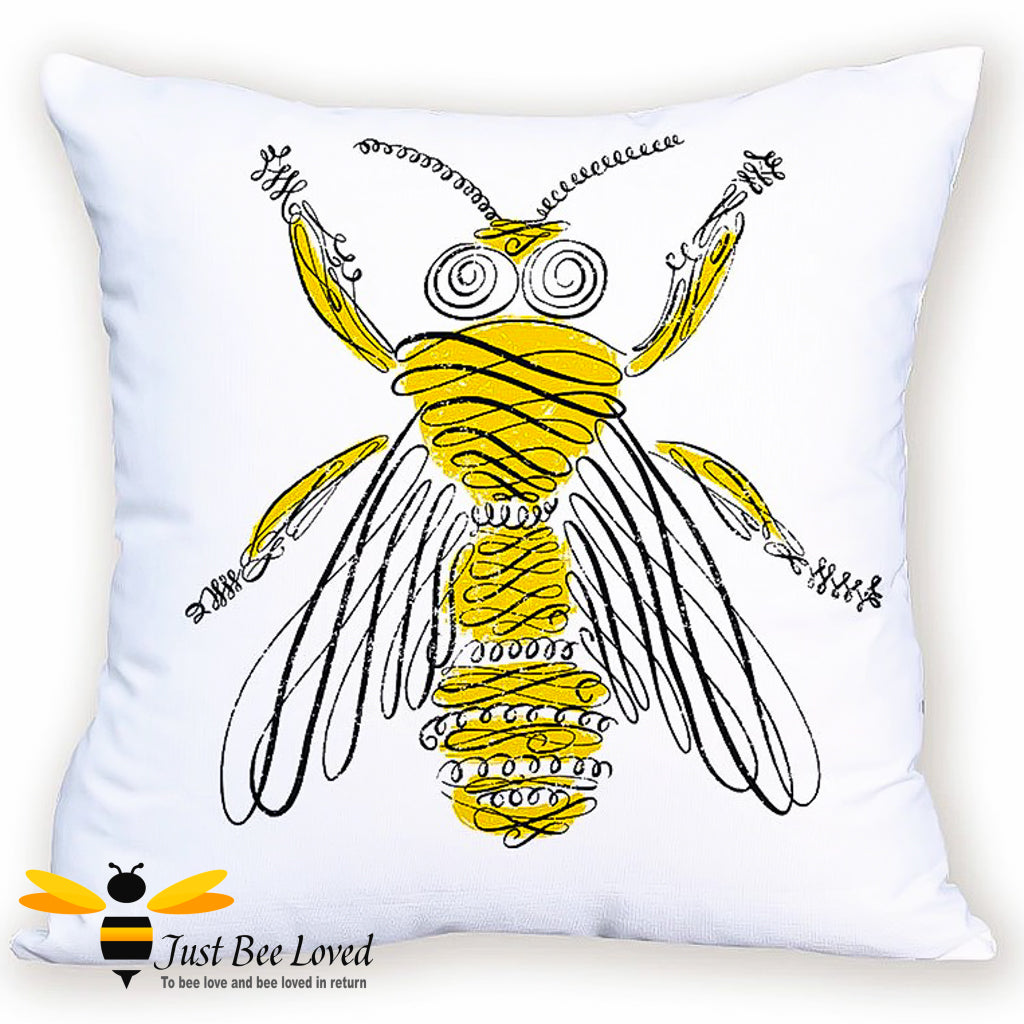 White scatter cushion featuring a contemporary sketch drawing of a yellow bee.