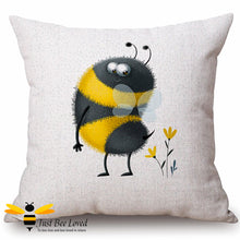 Load image into Gallery viewer, Large scatter cushion featuring a colourful image of a cute bumblebee looking at his fluffy stinger