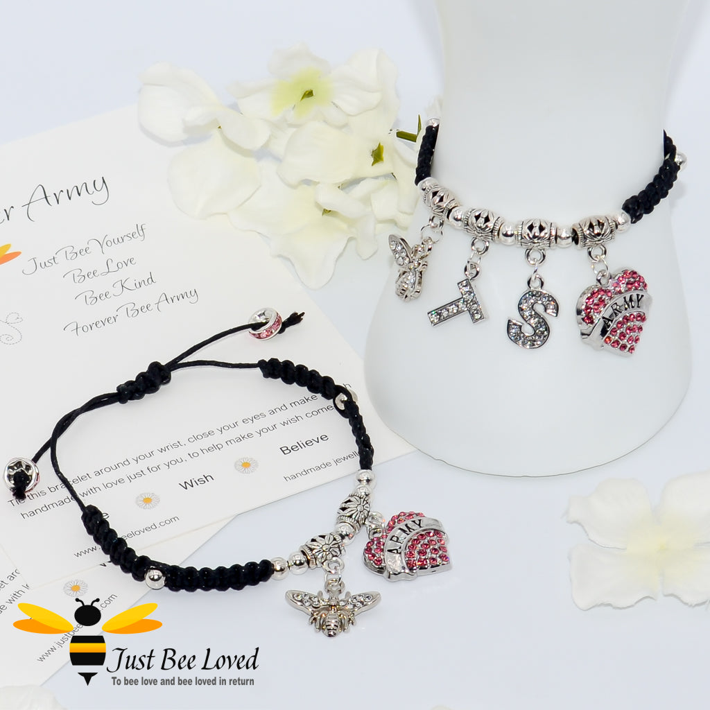 Black BTS Army Shamballa bee and heart charm wish bracelet with a Forever Army fan encouragement verse card
