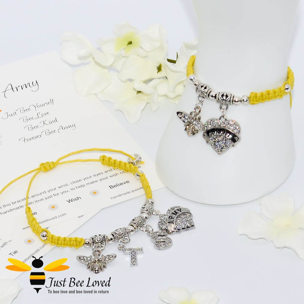 Yellow BTS Army Shamballa bee and heart charm wish bracelet with a Forever Army fan encouragement verse card