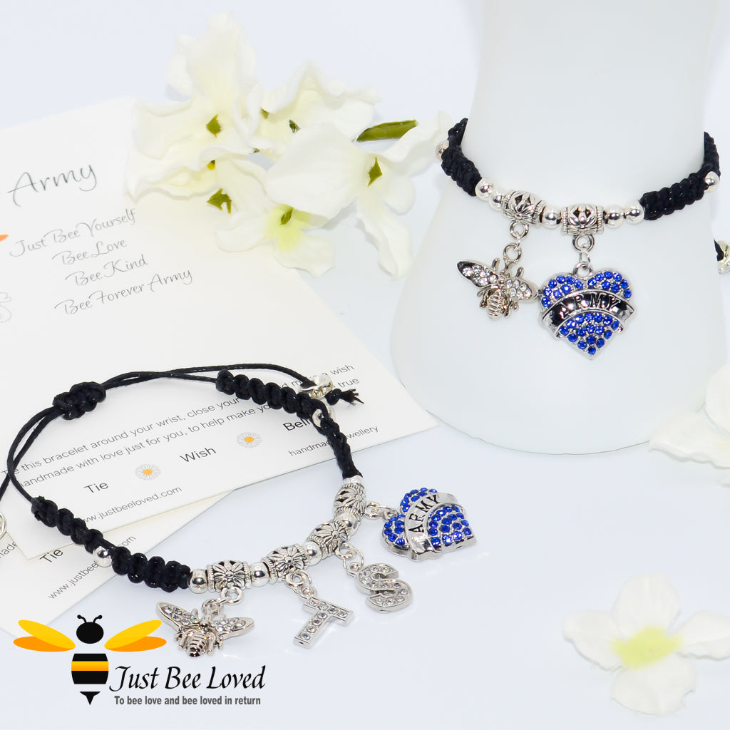 Black BTS Army Shamballa bee and heart charm wish bracelet with a Forever Army fan encouragement verse card