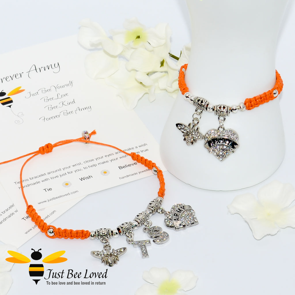 Orange BTS Army Shamballa bee and heart charm wish bracelet with a Forever Army fan encouragement verse card