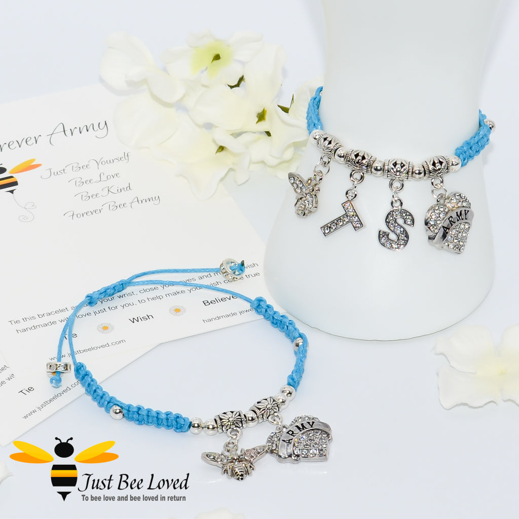 Blue BTS Army Shamballa bee and heart charm wish bracelet with a Forever Army fan encouragement verse card