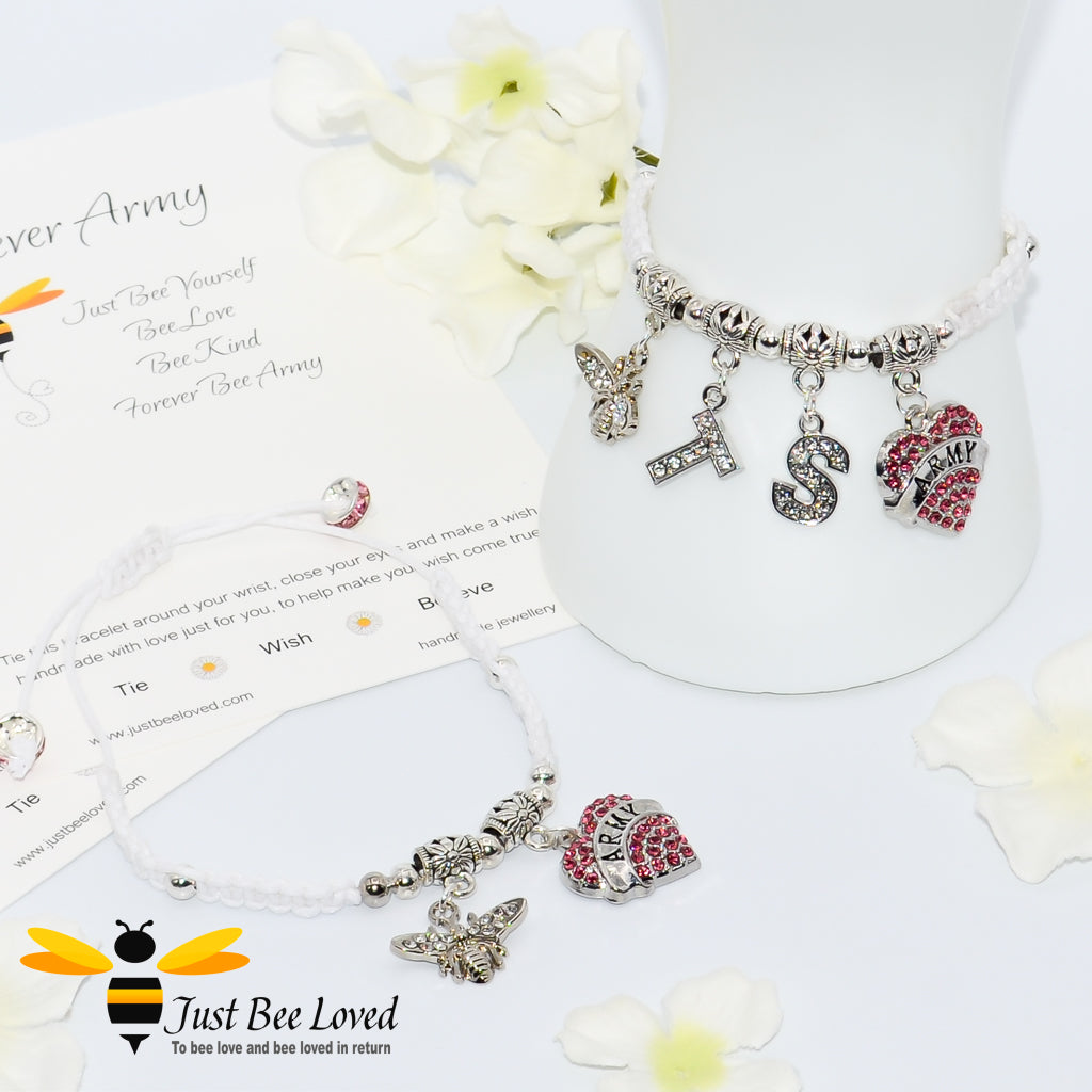 White BTS Army Shamballa bee and heart charm wish bracelet with a Forever Army fan encouragement verse card