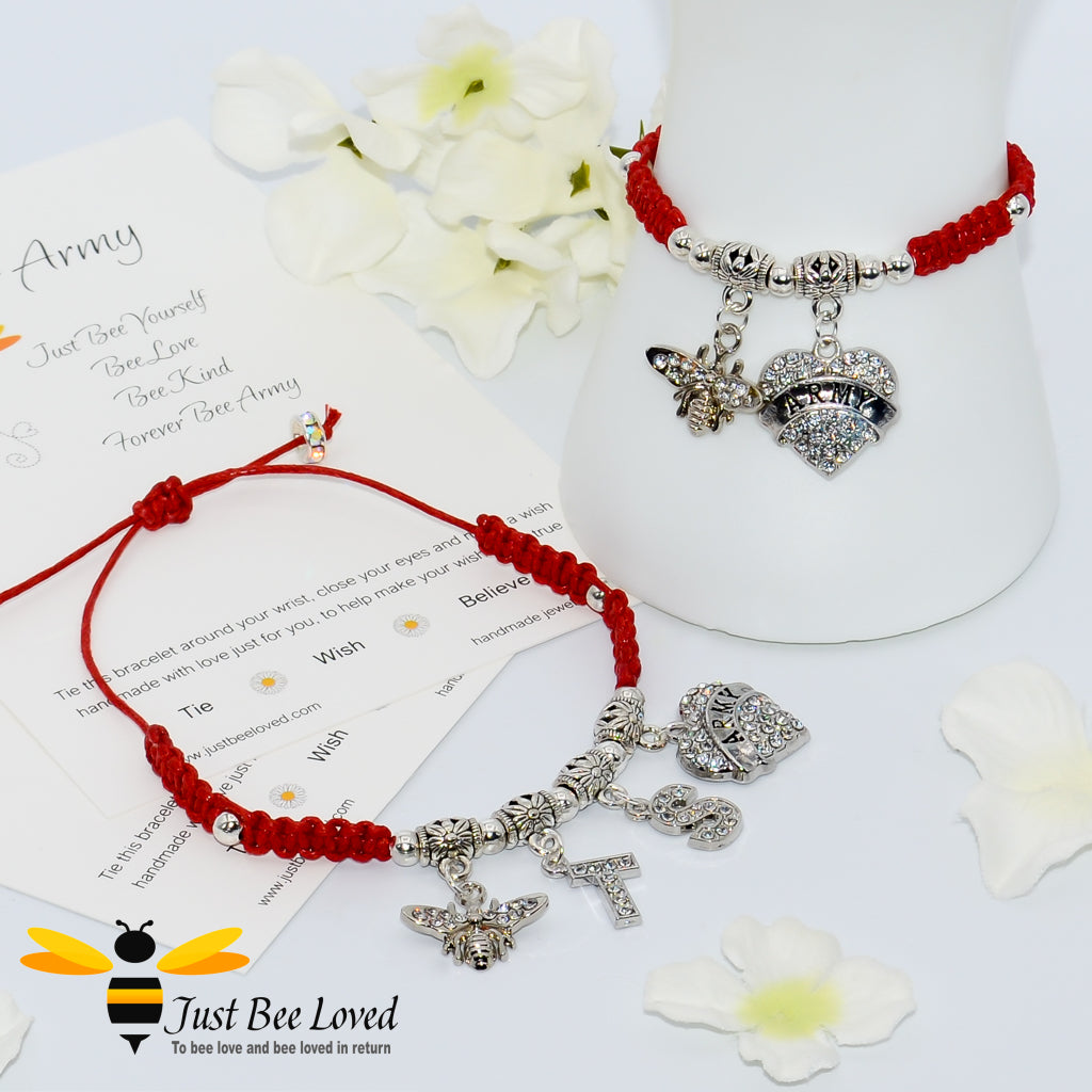 Red BTS Army Shamballa bee and heart charm wish bracelet with a Forever Army fan encouragement verse card