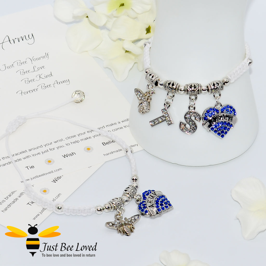 White BTS Army Shamballa bee and heart charm wish bracelet with a Forever Army fan encouragement verse card