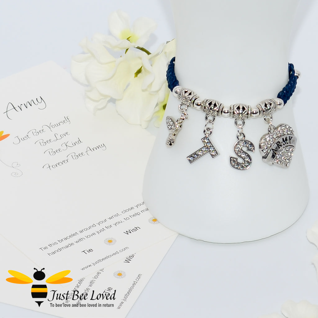 Navy BTS Army Shamballa bee and heart charm wish bracelet with a Forever Army fan encouragement verse card