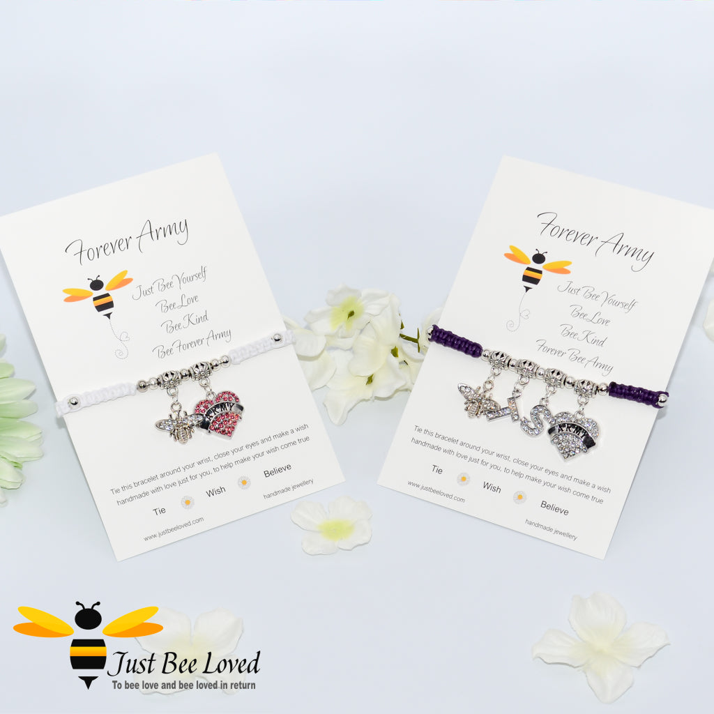 Handmade BTS Army Shamballa bee charm wish bracelets with fan encouragement verse cards