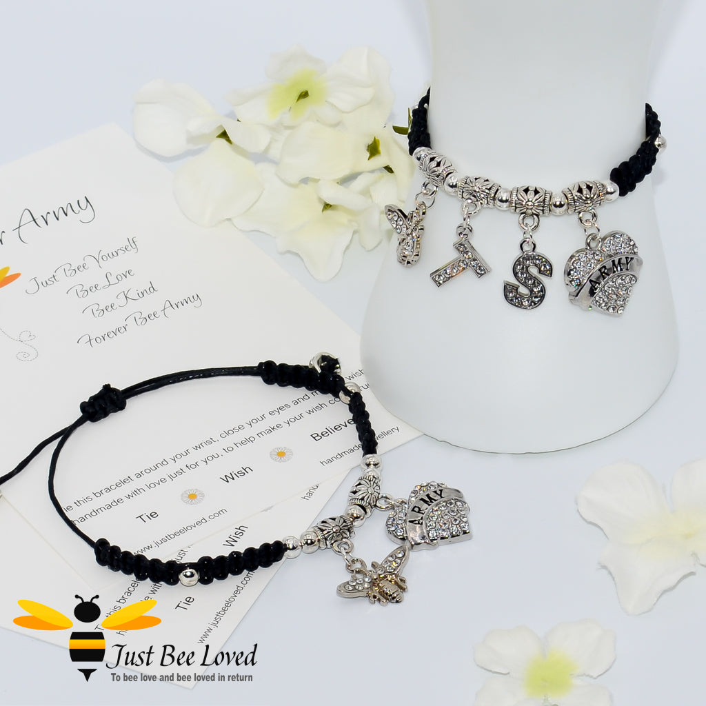 Black BTS Army Shamballa bee and heart charm wish bracelet with a Forever Army fan encouragement verse card