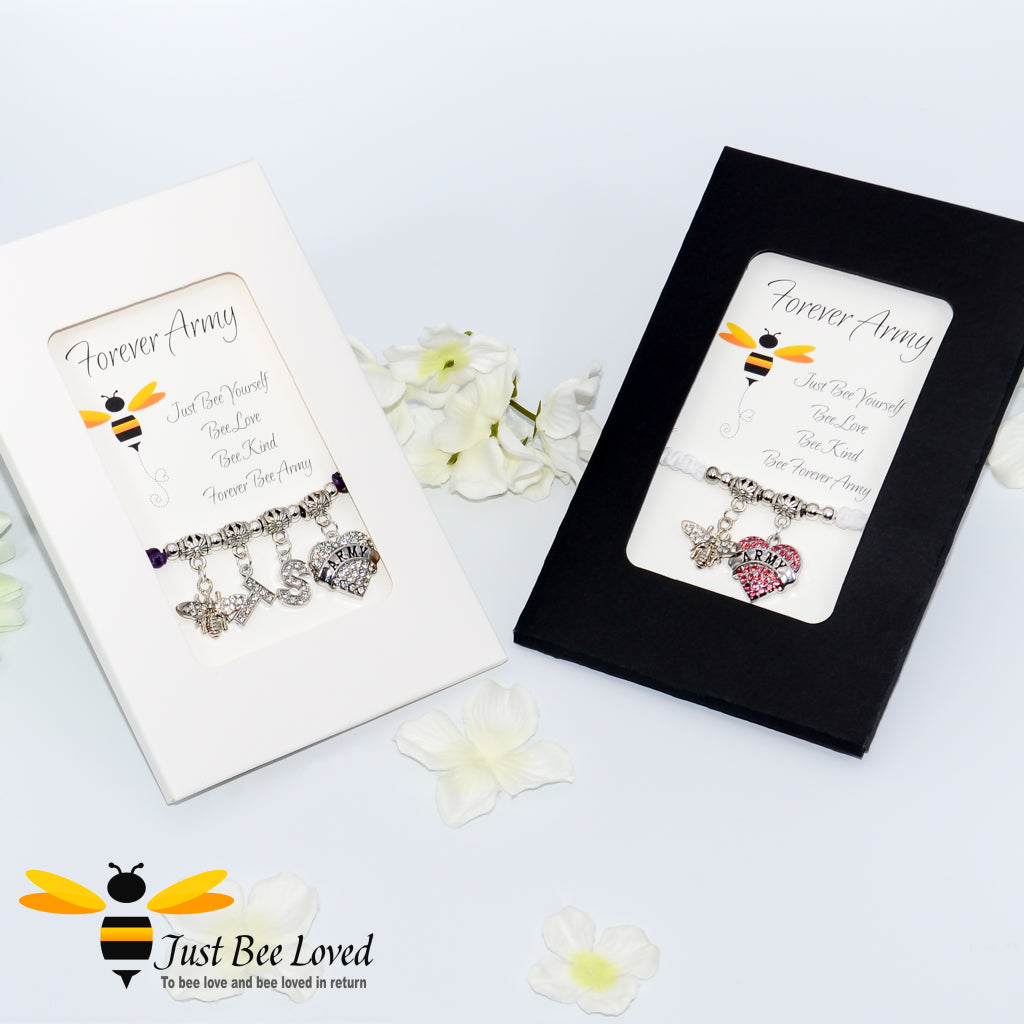 Gift boxed BTS Army Shamballa bee charm wish bracelets with forever army fan encouragement verse cards