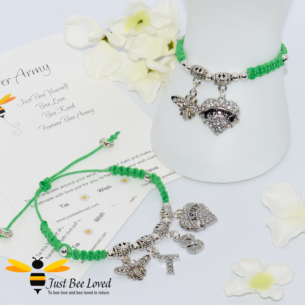 Green BTS Army Shamballa bee and heart charm wish bracelet with a fan encouragement verse card