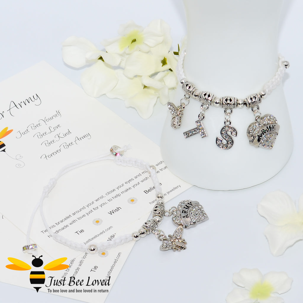 White BTS Army Shamballa bee and heart charm wish bracelet with a Forever Army fan encouragement verse card