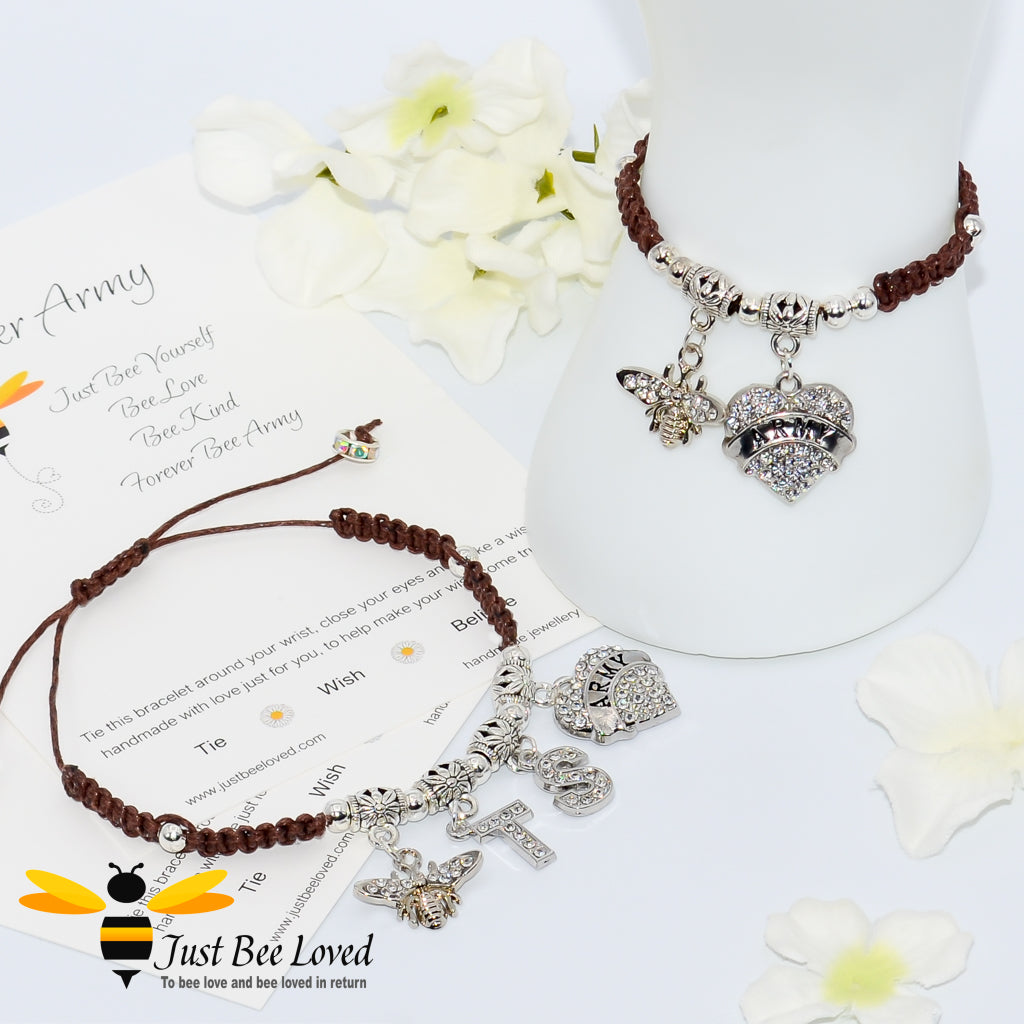 Brown BTS Army Shamballa bee and heart charm wish bracelet with a Forever Army fan encouragement verse card