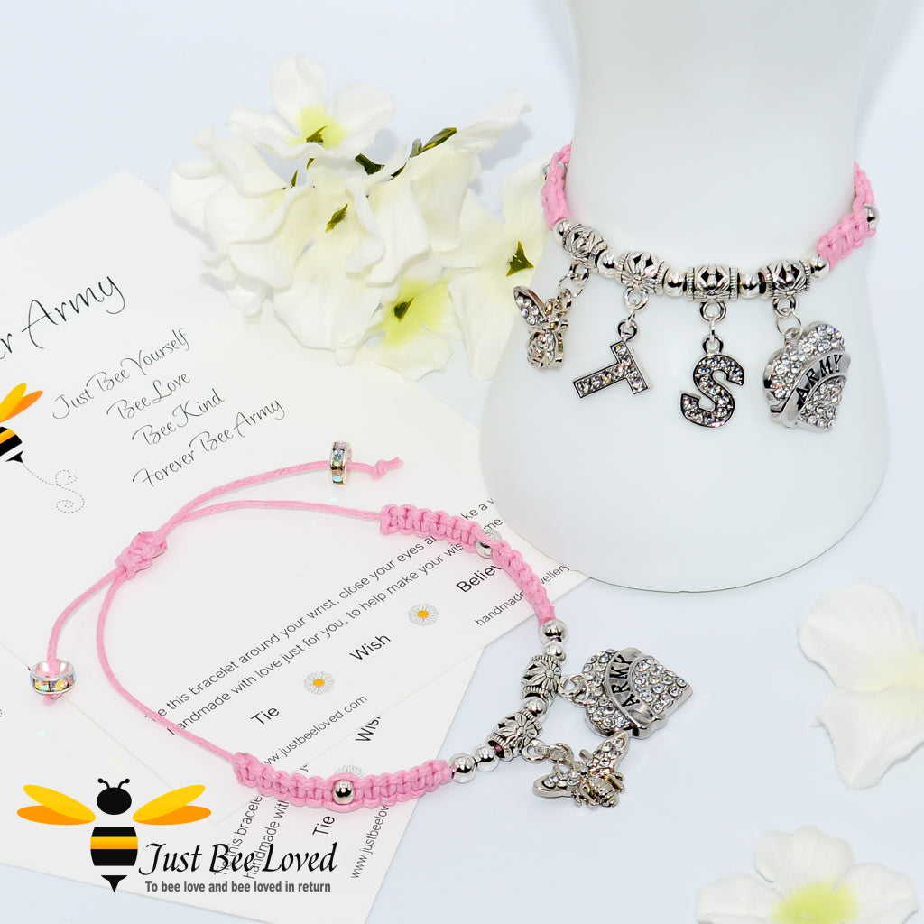 Pink BTS Army Shamballa bee and heart charm wish bracelet with a Forever Army fan encouragement verse card