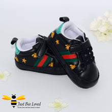 Load image into Gallery viewer, baby infant black trainers with gold embroidery bees &amp; stars