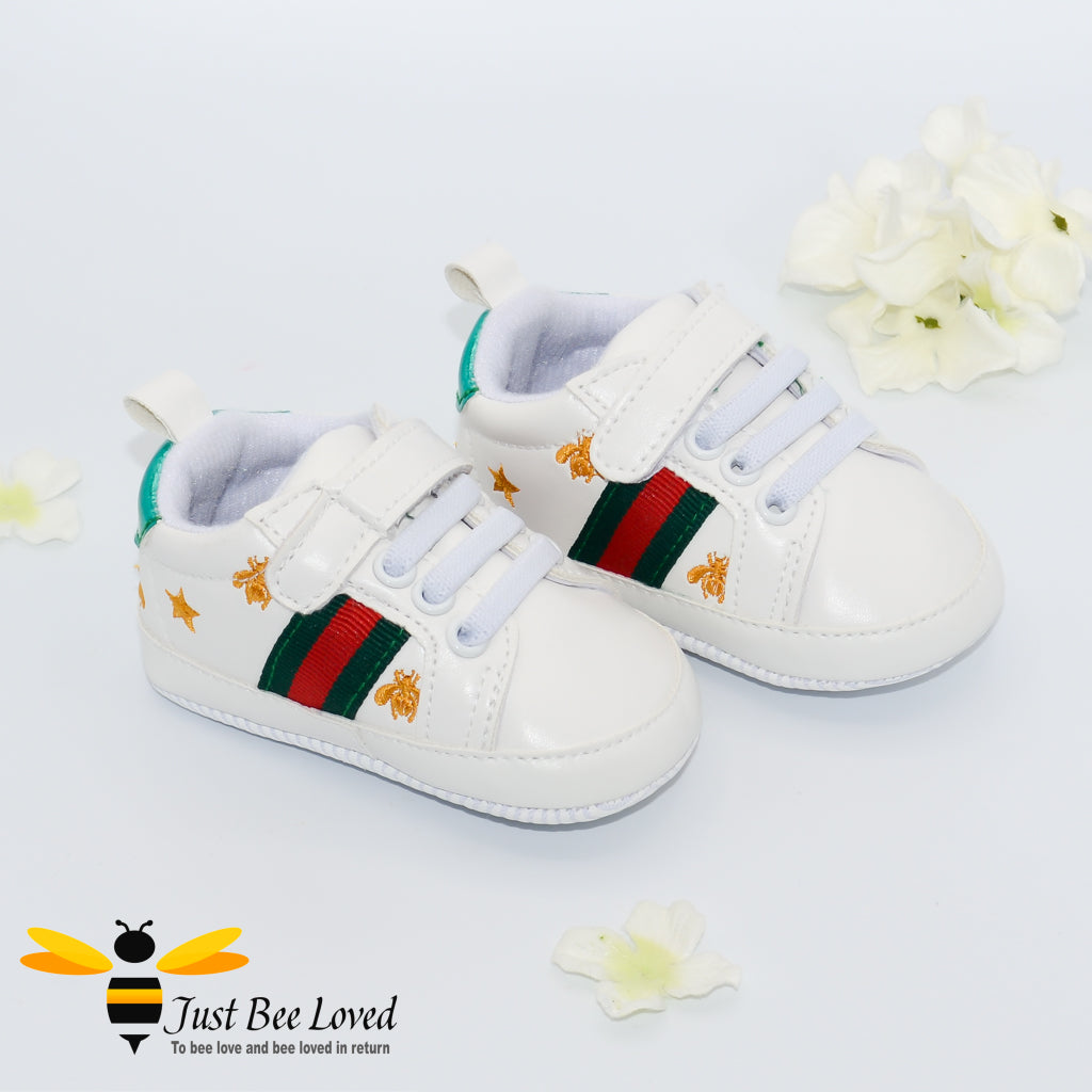 baby infant white trainers with gold embroidery bees & stars