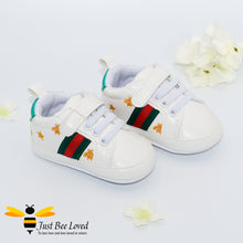 Load image into Gallery viewer, baby infant white trainers with gold embroidery bees &amp; stars