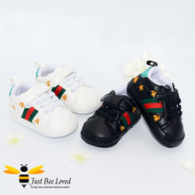 Load image into Gallery viewer, baby infant first trainers with gold embroidery bees &amp; stars in white and black
