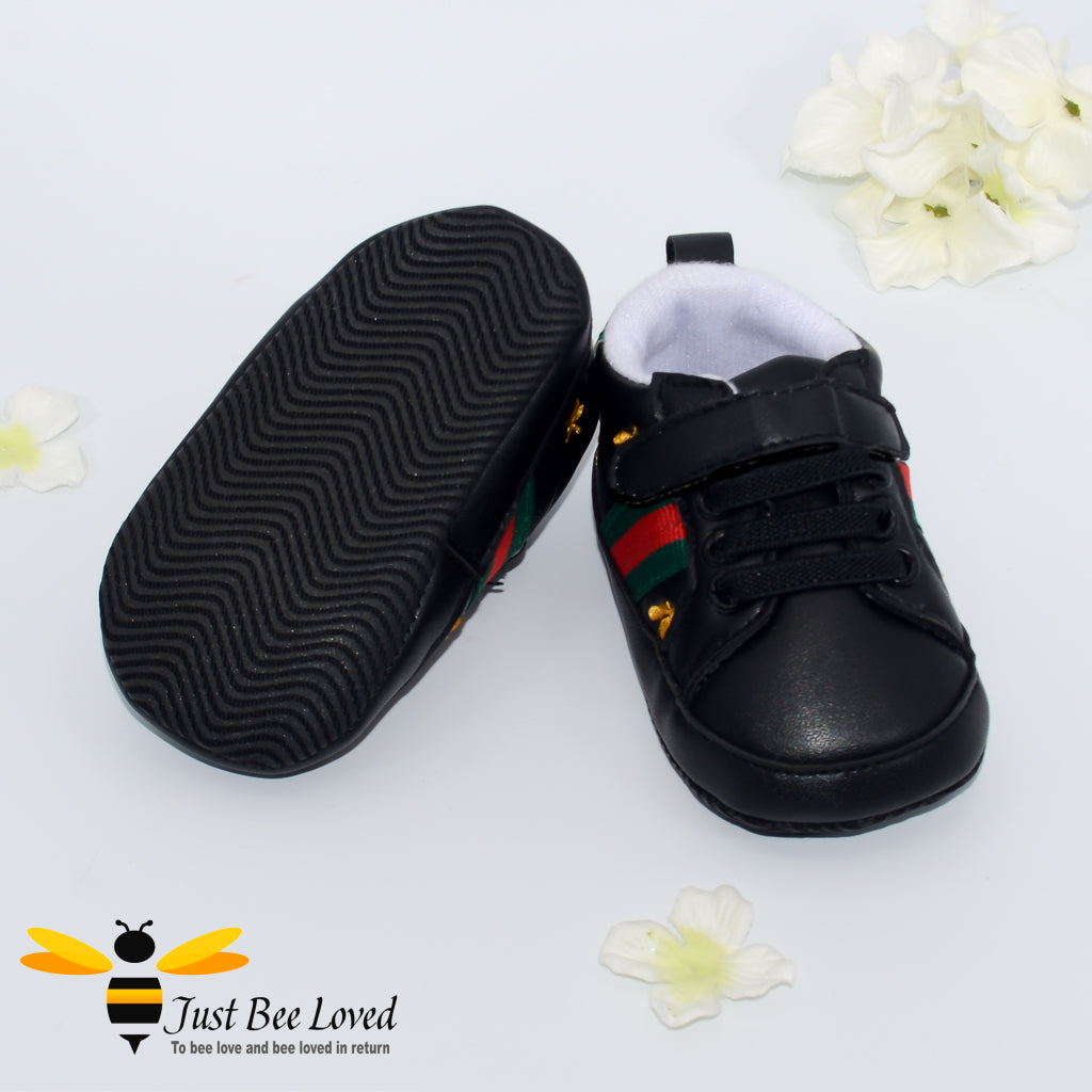 baby infant first black trainers with gold embroidery bees & stars