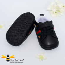 Load image into Gallery viewer, baby infant first black trainers with gold embroidery bees &amp; stars