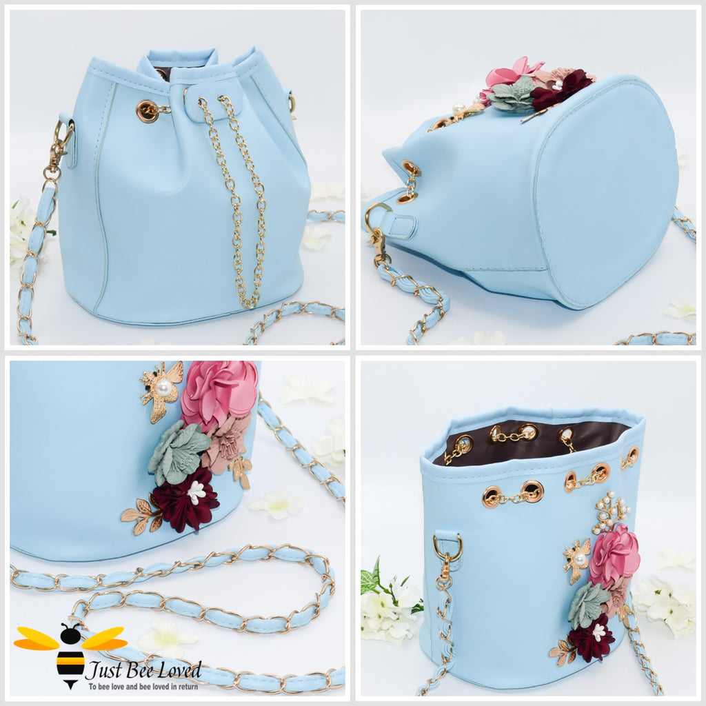 Gallery of blue boho tote bag with 3D flowers and bee embellisments