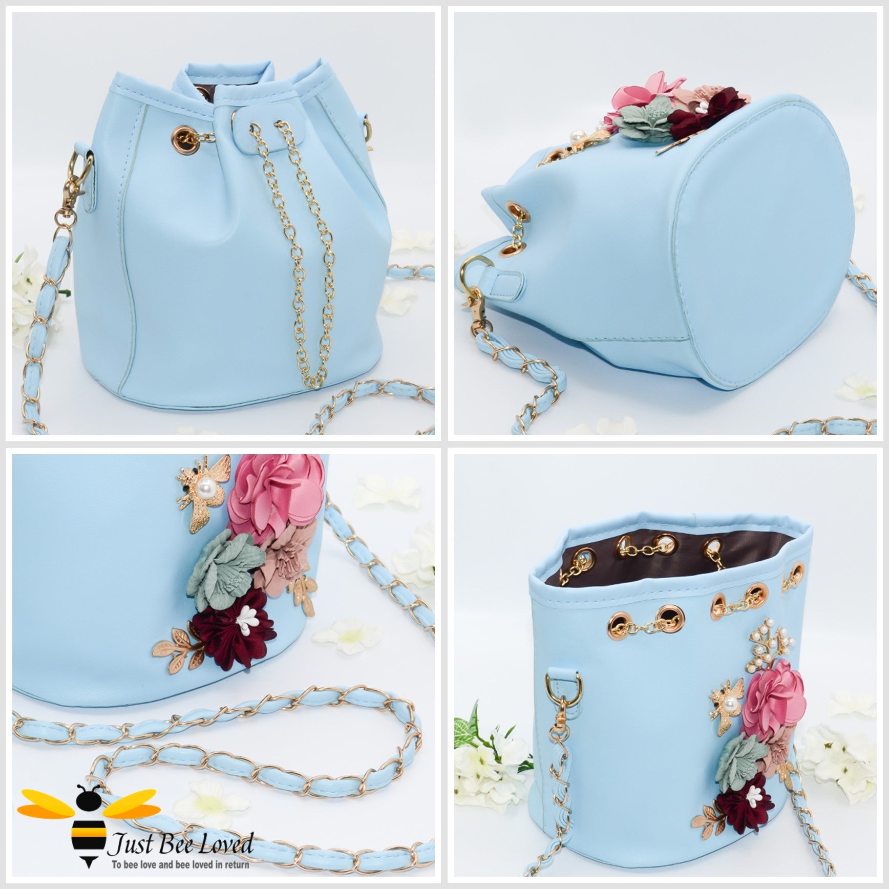Gallery of blue boho tote bag with 3D flowers and bee embellisments