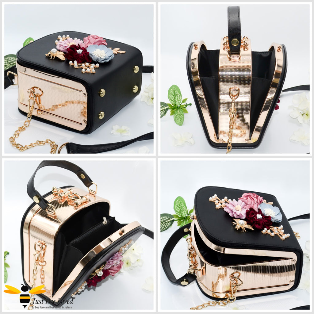 hand-crafted 3D embellished square metal handbag featuring a bouquet of flowers, golden leaves with a pearlised bee in black