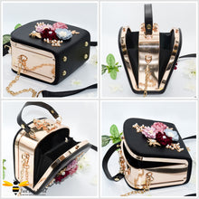 Load image into Gallery viewer, hand-crafted 3D embellished square metal handbag featuring a bouquet of flowers, golden leaves with a pearlised bee in black