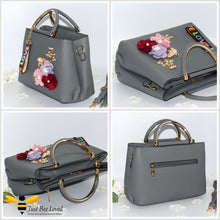Load image into Gallery viewer, hand-crafted 3D embellished PU leather shoulder handbag featuring a cluster bouquet of colourful flowers, golden leaves with a pearlised bee in grey colour