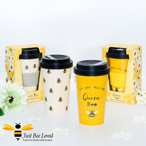 Eco bamboo travel mug featuring two styles: all over bumblebee print in a natural and queen bumblebee.