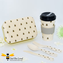 Load image into Gallery viewer, Organic Bamboo Bumblebees 3 piece travel dining set featuring bento lunch box, travel mug and cutlery set