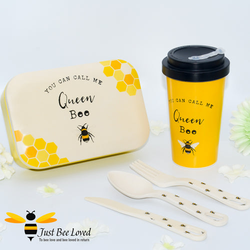 Organic Bamboo Bumblebees 3 piece travel dining set featuring bento lunch box, travel mug and cutlery set