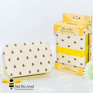 Organic Bamboo Bento Lunch box featuring a design of all over bumblebees