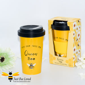 Eco bamboo travel mug featuring queen bumblebee. with text message "you can call me queen bee" in orange colour.