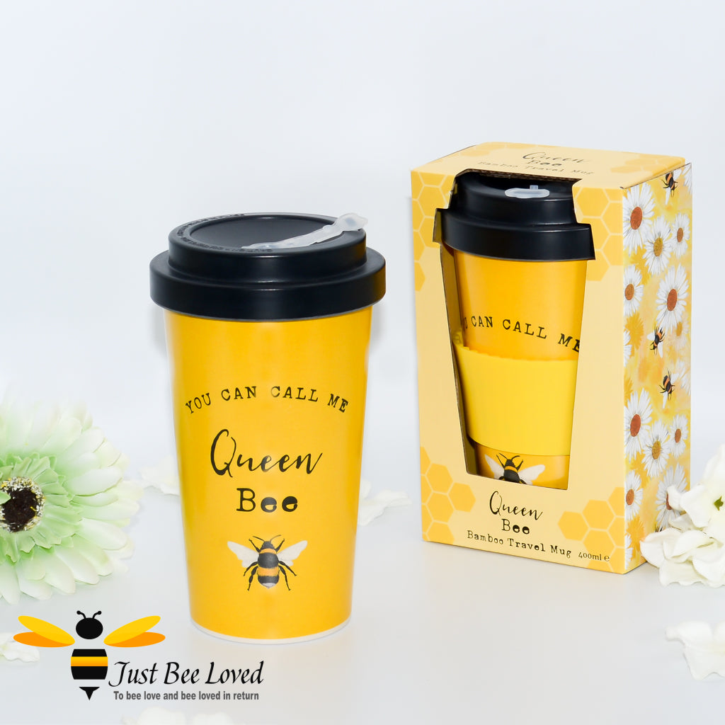 Eco bamboo travel mug featuring queen bumblebee. with text message 