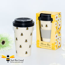 Load image into Gallery viewer, Eco bamboo travel mug featuring an all over bumblebee print in a natural beige colour.