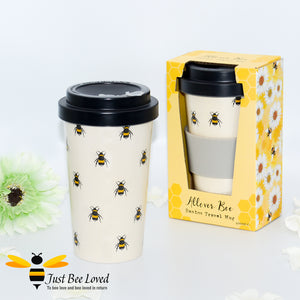 Eco bamboo travel mug featuring an all over bumblebee print in a natural beige colour.