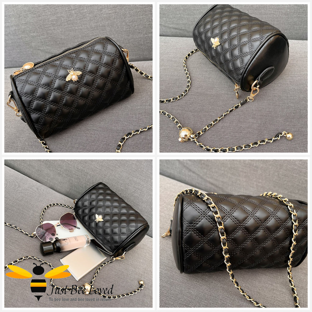  faux leather barrel style handbag featuring a quilted lattice design with golden bee embellishment