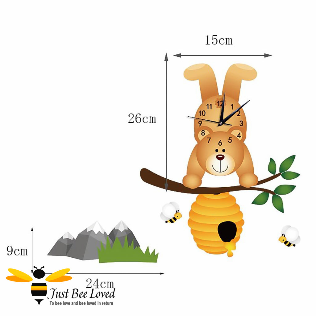 kids honey bear clock with bees, hive & mountains mural decals.