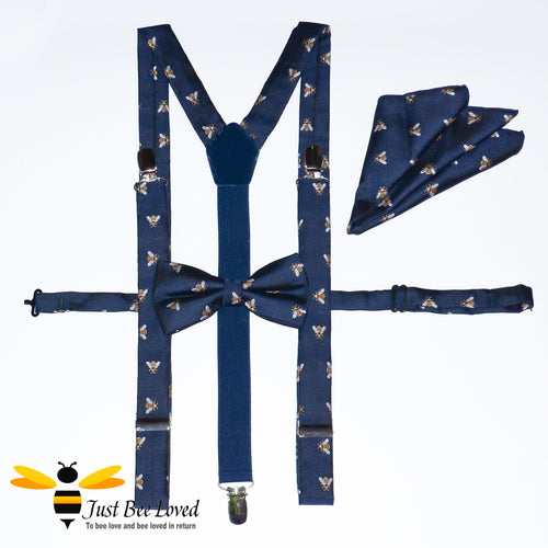 Men's navy blue suspenders braces, bow tie & handkerchief pocket square set featuring an all over embroidery design of bumblebees