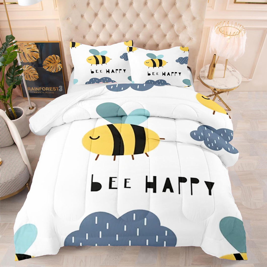 White duvet cover set with bee happy text, animated sleeping bees and blue clouds