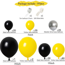Load image into Gallery viewer, bee themed balloon garland with 195 yellow, black, silver balloons