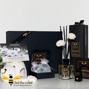 Bee themed vegan home fragrance hamper gift box set with reed diffuser, wax melts, wax tablets, car diffuser, oil wax melt burner, personalised postcard